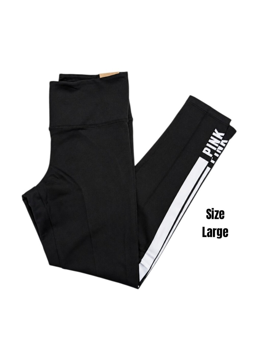 VS PINK Pure Black White Side Stripes Logo Cotton High Waist Leggings Large NEW